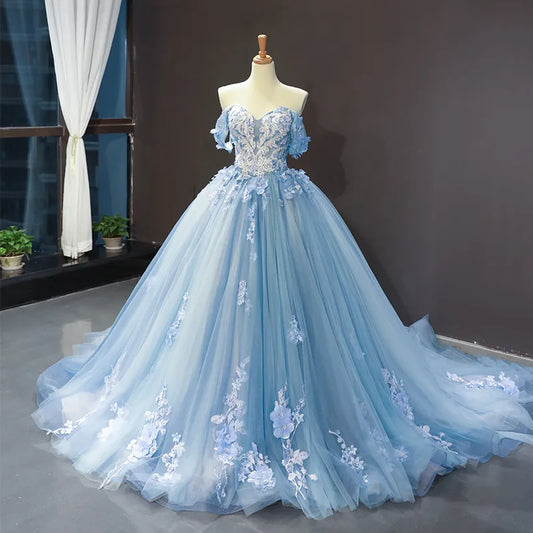 A-Line Lace Formal Gown off Shoulder Blue Bridal Wedding Dress