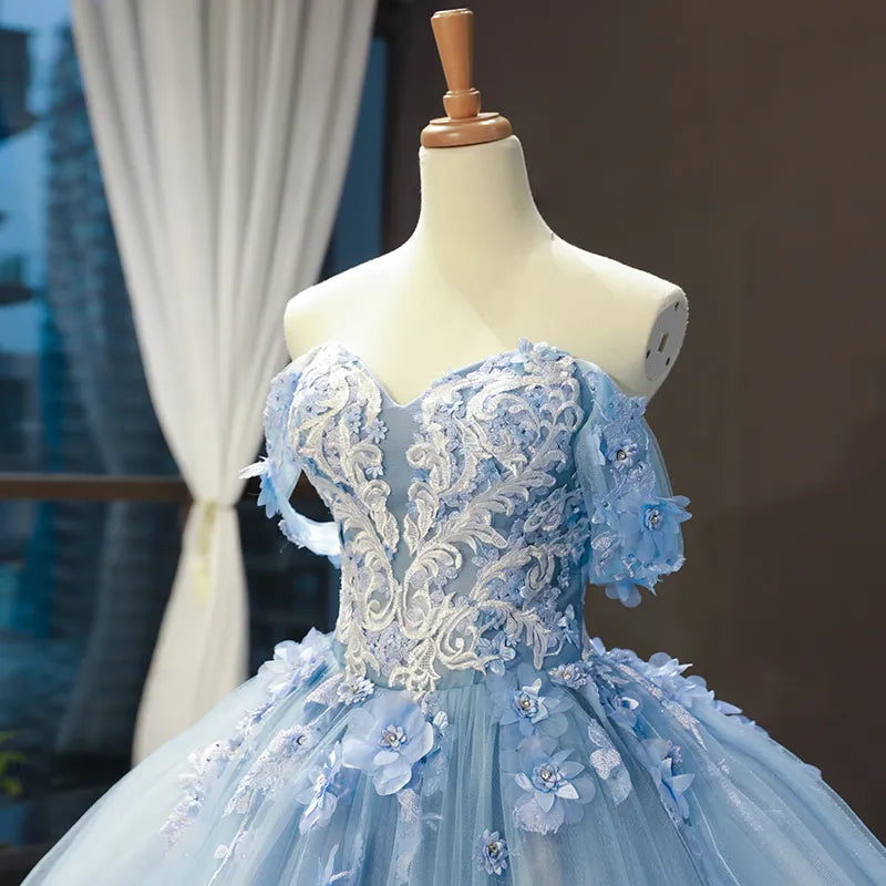 A-Line Lace Formal Gown off Shoulder Blue Bridal Wedding Dress