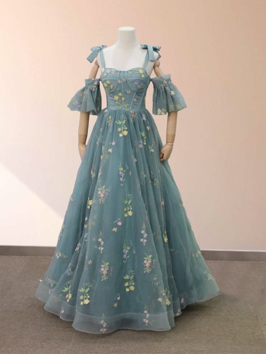 Boho A-Line Tulle Off-the-Shoulder Floor-Length 3D Yellow Embroidery Floral Quinceanera Dress with Petticoat