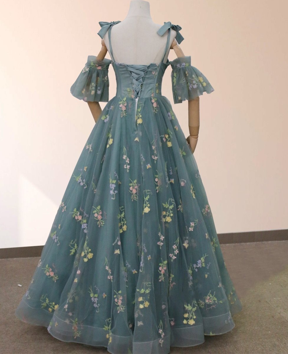 Boho A-Line Tulle Off-the-Shoulder Floor-Length 3D Yellow Embroidery Floral Quinceanera Dress with Petticoat