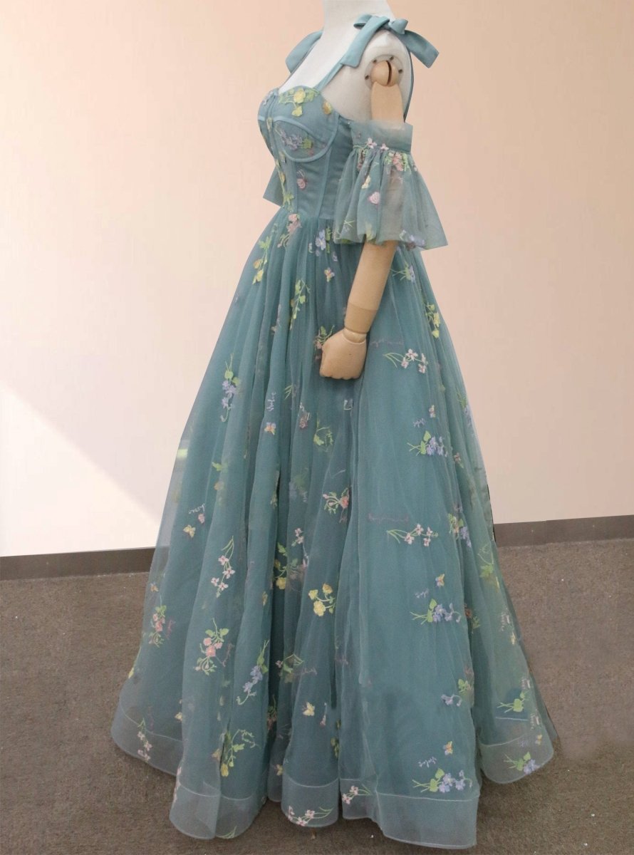 Boho A-Line Tulle Off-the-Shoulder Floor-Length 3D Yellow Embroidery Floral Quinceanera Dress with Petticoat