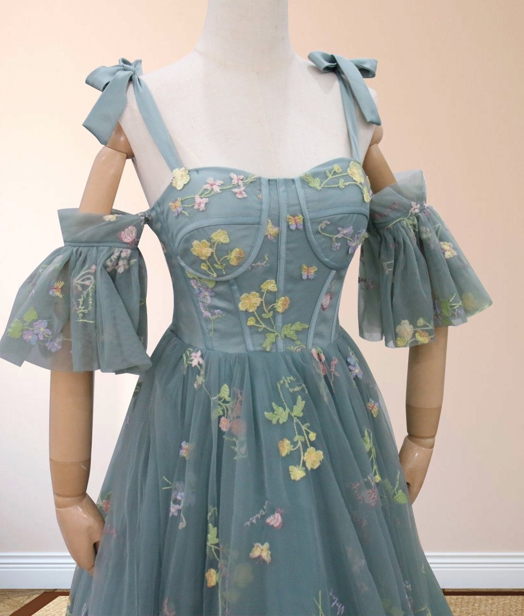 Boho A-Line Tulle Off-the-Shoulder Floor-Length 3D Yellow Embroidery Floral Quinceanera Dress with Petticoat