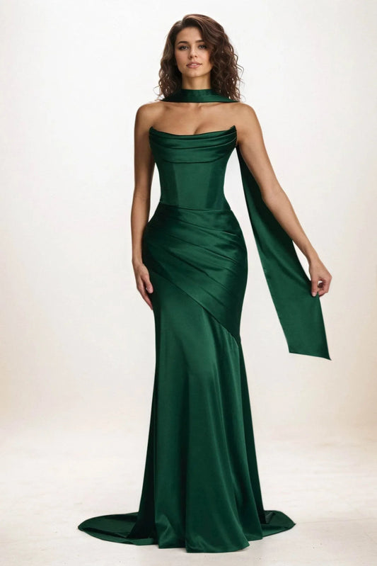 Trumpet-Mermaid Sweep-Brush Train Luxe Satin Wedding Guest Dress CG0301CR