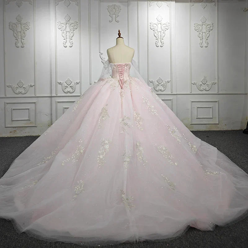 Blush Ball Gown Tulle Strapless Sleeveless Quinceanera Dresses