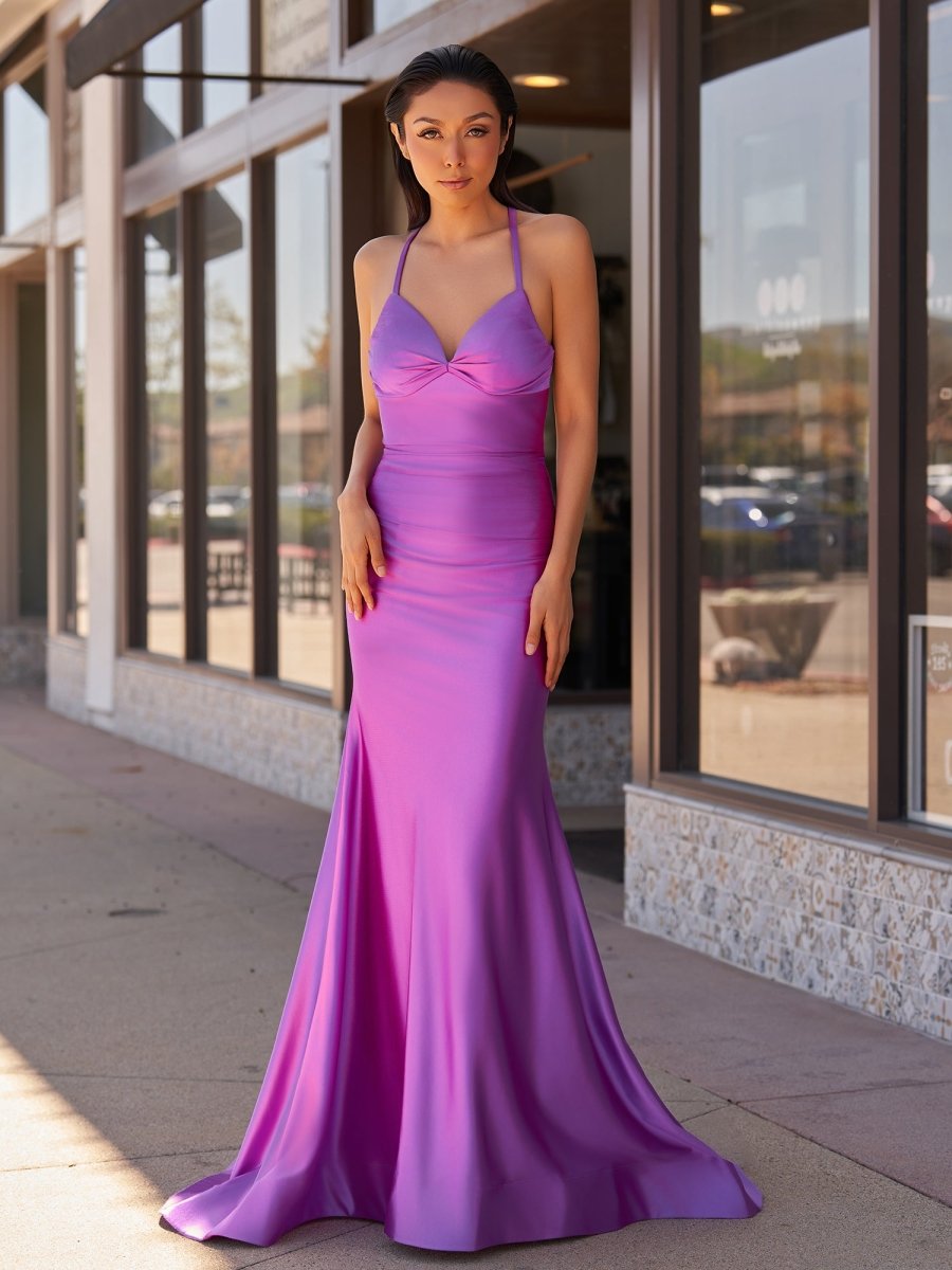 Mermaid V-Neck Satin Formal Dress with Lace-Up Back