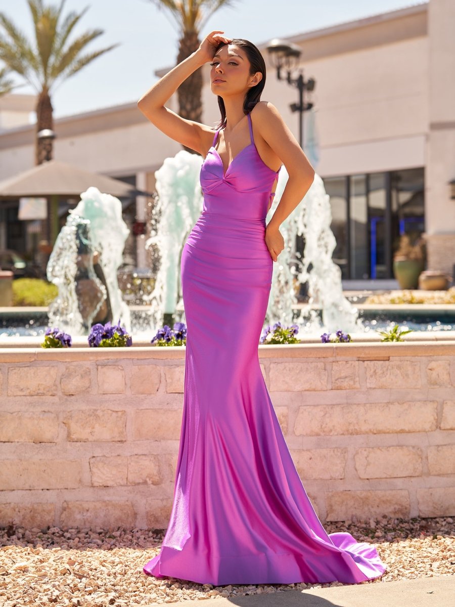 Mermaid V-Neck Satin Formal Dress with Lace-Up Back