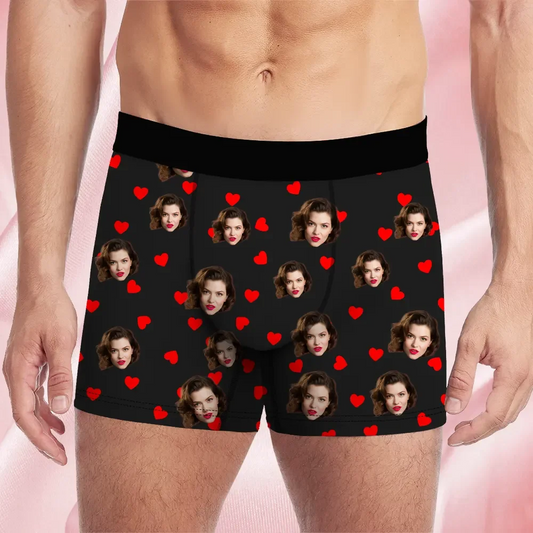 Custom Face Men's Boxer Heart Style Underwear, Birthday Gifts for Husband, Waistband Text Boxer Gift