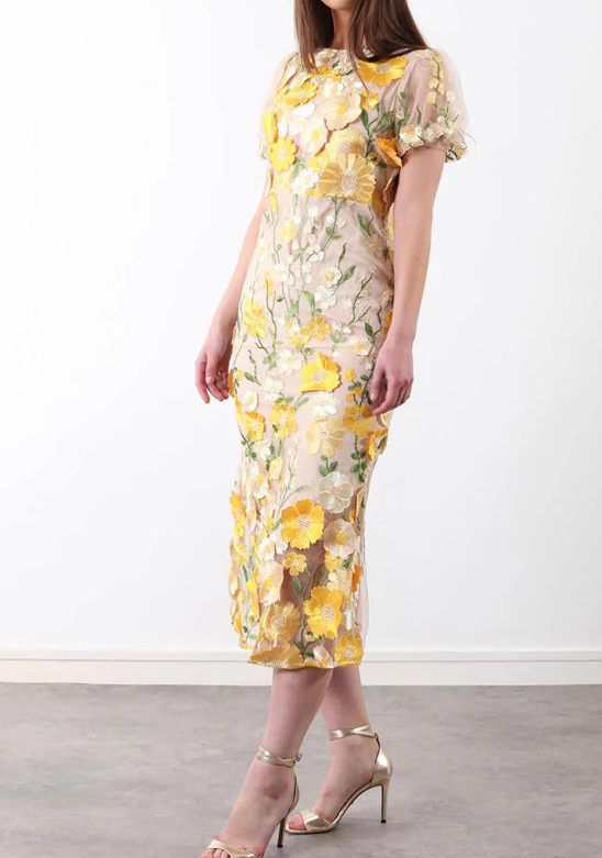 Elegant Embroidered Flower Puff Sleeve Dress