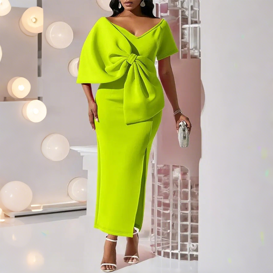 Wrap Hip Bow Accent Slit Dress