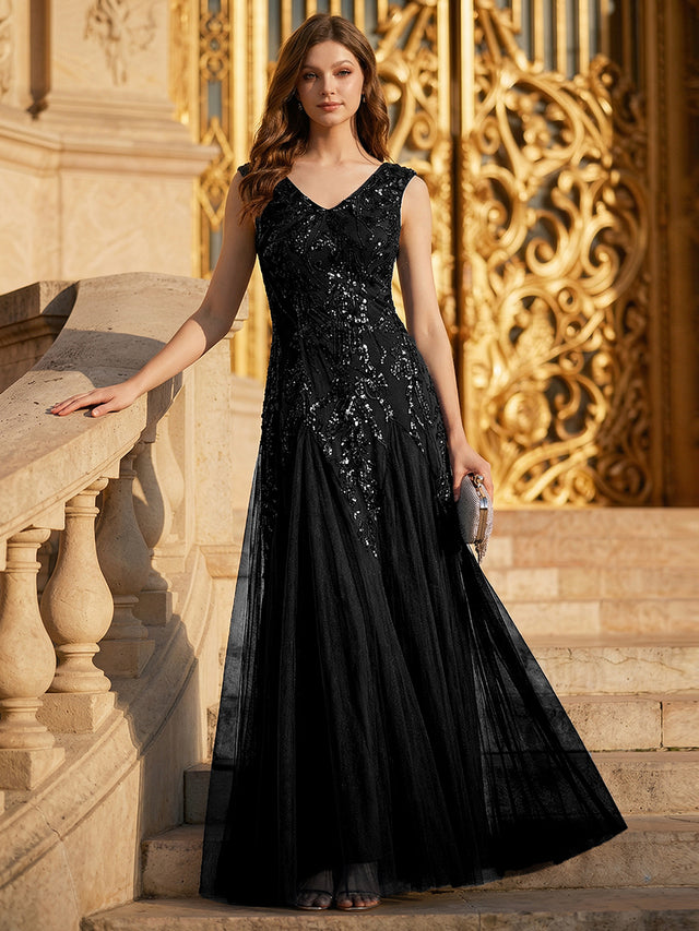 Champagne Sequin Leaf Tulle Maxi Evening Dress