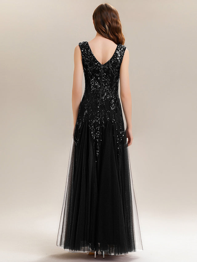 Champagne Sequin Leaf Tulle Maxi Evening Dress