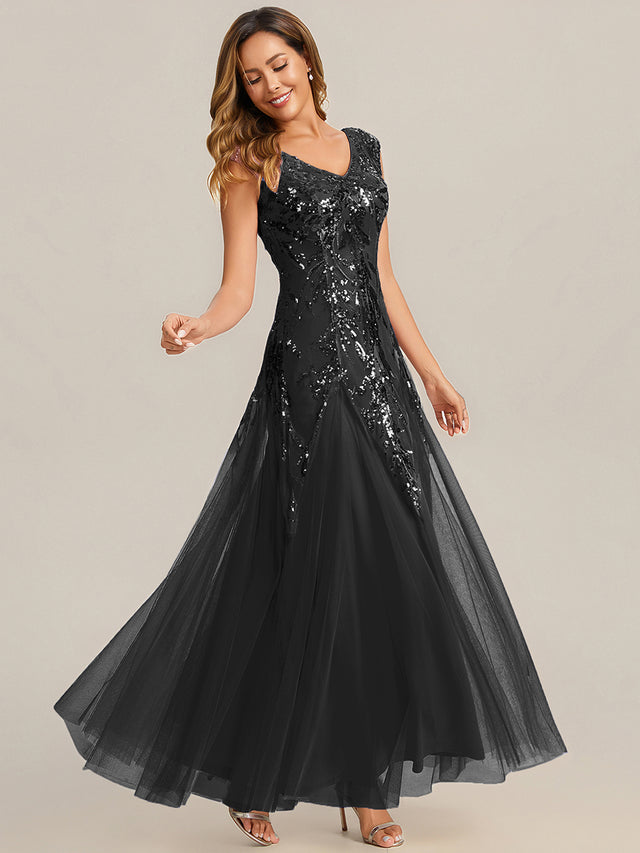 Champagne Sequin Leaf Tulle Maxi Evening Dress