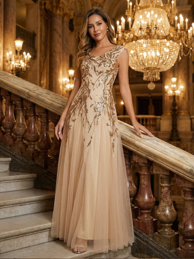 Champagne Sequin Leaf Tulle Maxi Evening Dress