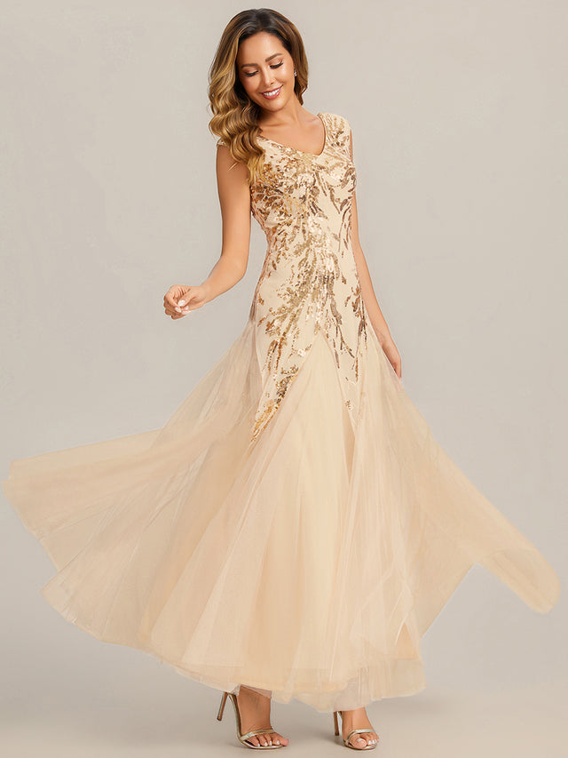 Champagne Sequin Leaf Tulle Maxi Evening Dress