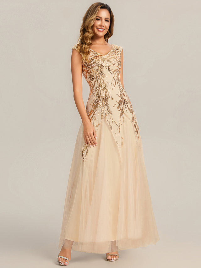 Champagne Sequin Leaf Tulle Maxi Evening Dress
