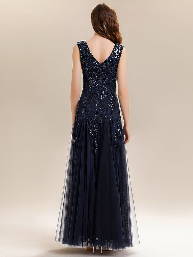 Champagne Sequin Leaf Tulle Maxi Evening Dress