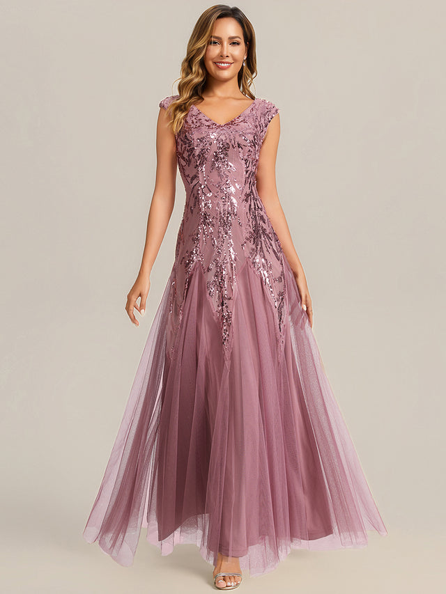 Champagne Sequin Leaf Tulle Maxi Evening Dress