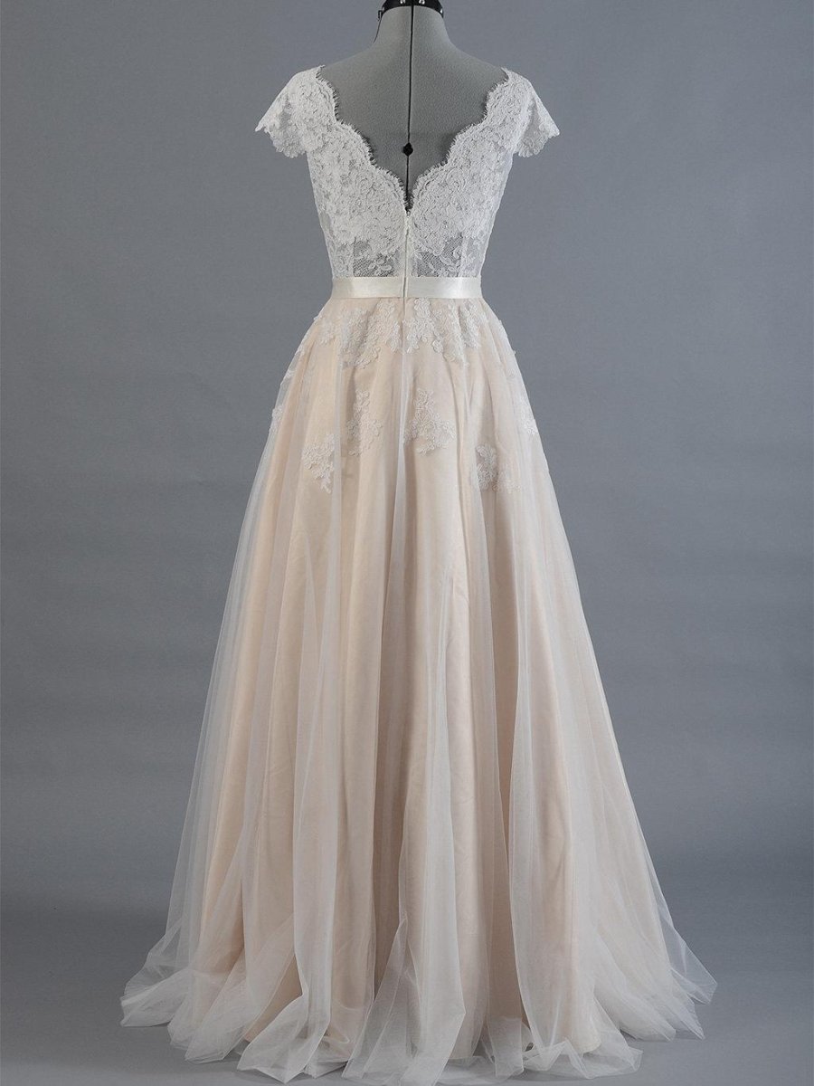 Cap Sleeve V-Neck Lace Tulle Wedding Dress With Zipper Back