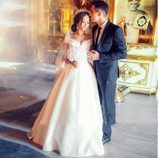 A-Line Satin Sweep Train White Wedding Dress with Sleeveless