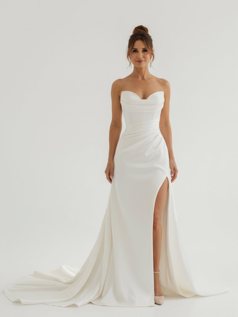 Mermaid Strapless Satin Wedding Dress With Convenient Detachable Skirt