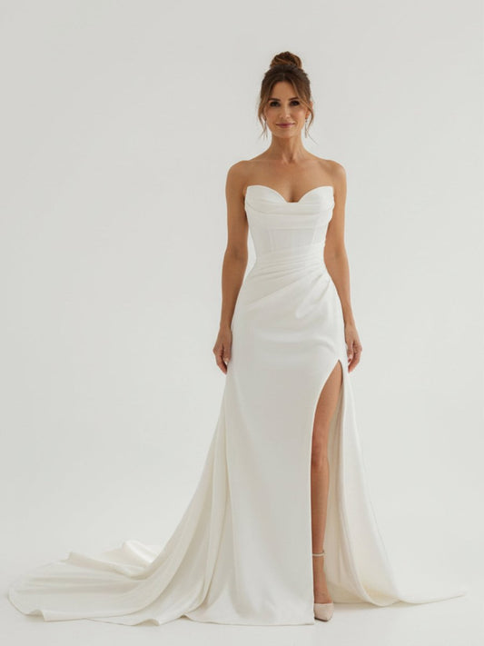 Mermaid Strapless Satin Wedding Dress With Convenient Detachable Skirt