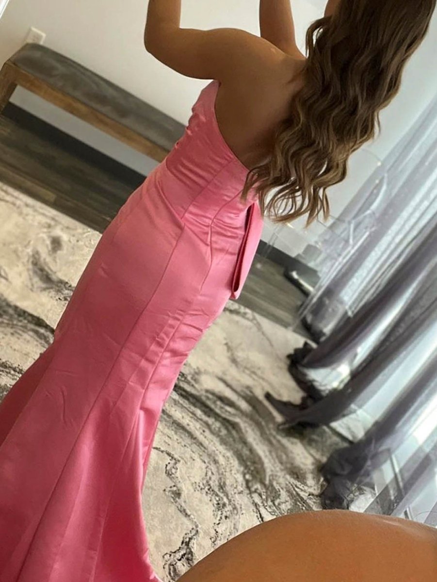|Mermaid Strapless Long Satin Prom Dress with bow tie