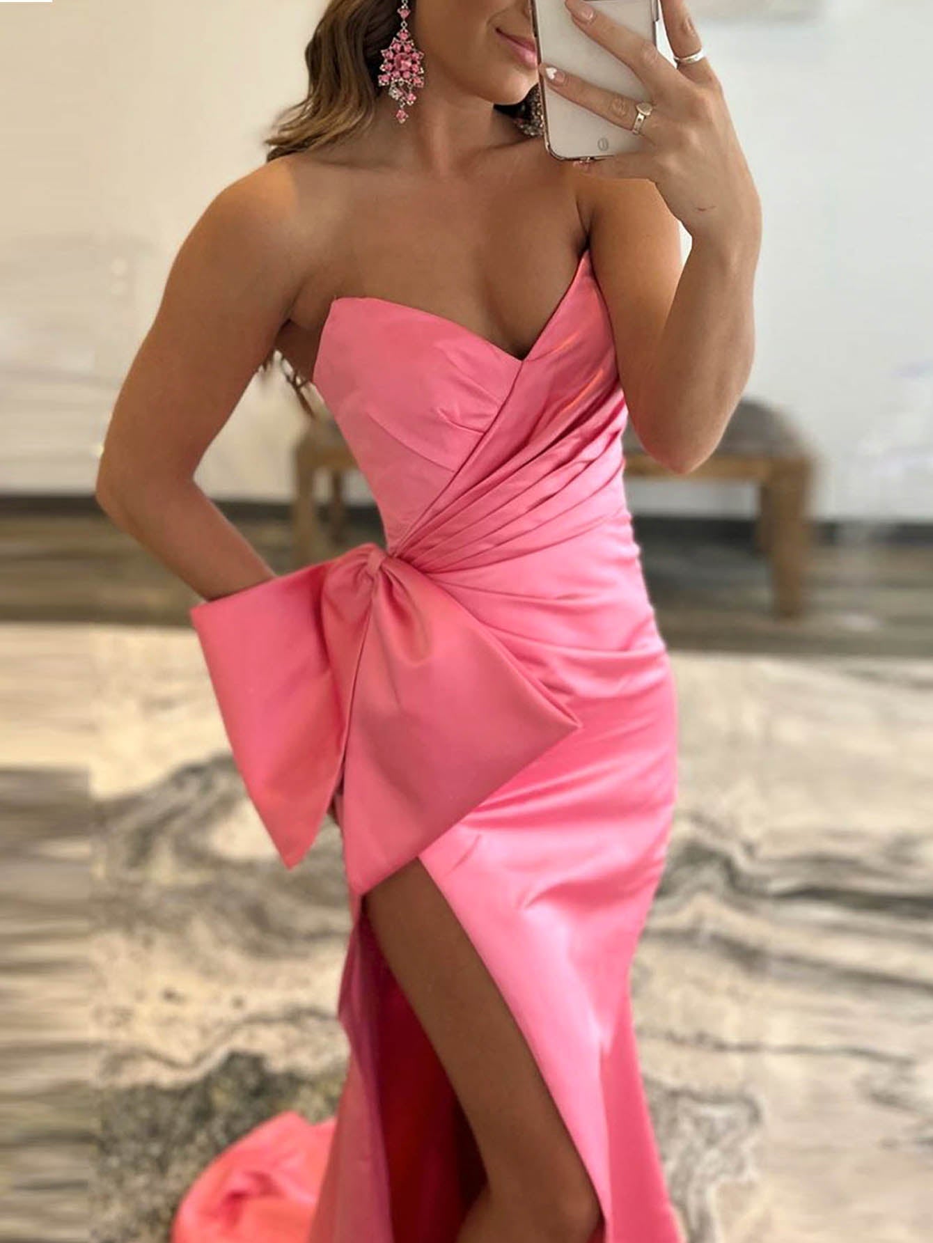 |Mermaid Strapless Long Satin Prom Dress with bow tie
