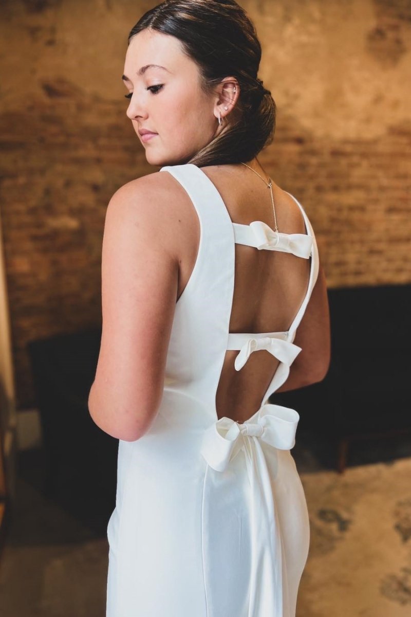 White Satin Bateau Open Back Mermaid  Long Wedding Dress