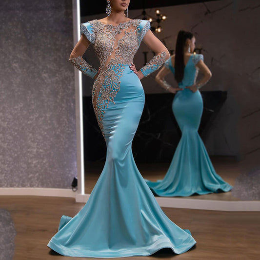 Blue sand gold fishtail skirt banquet long wedding dress