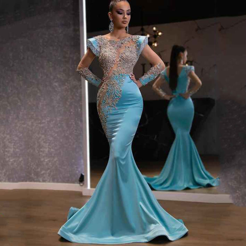 Blue sand gold fishtail skirt banquet long wedding dress