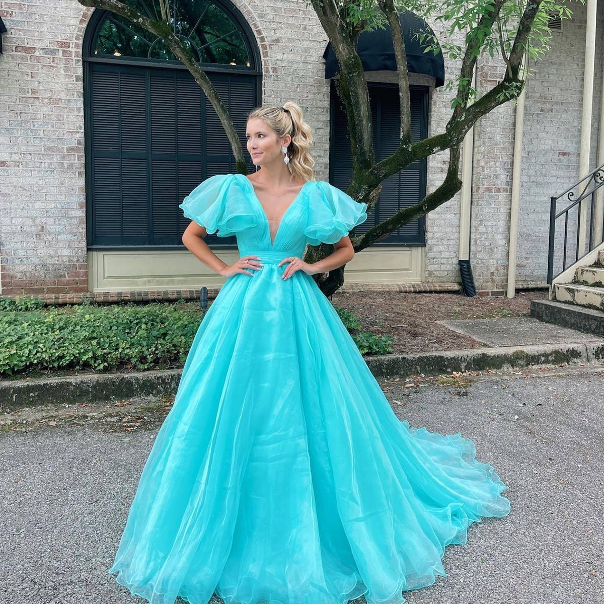Orange Plunge V Ruffled Sleeve A-Line Long Formal Dress