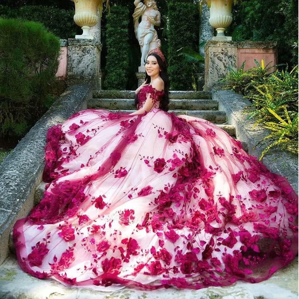 Quinceanera Dress Red Lace Off Shoulder Corset Pearls Flowers