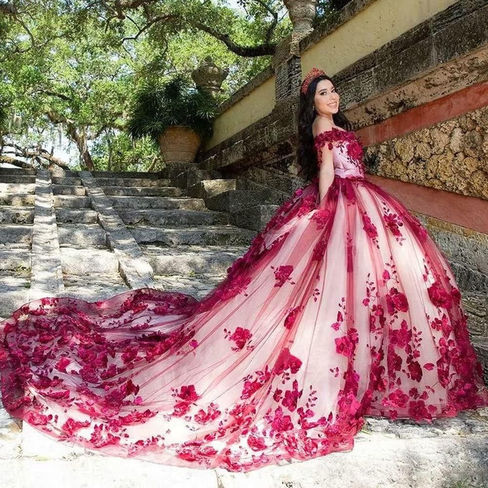 Quinceanera Dress Red Lace Off Shoulder Corset Pearls Flowers