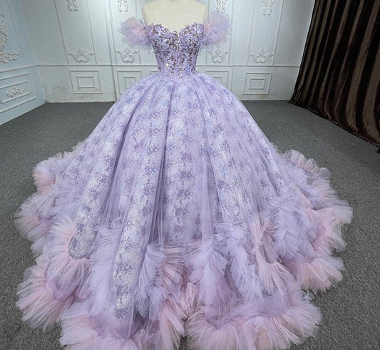Quinceañera lace  Off-the-Shoulder Ball Gown Purple Sequined Dress