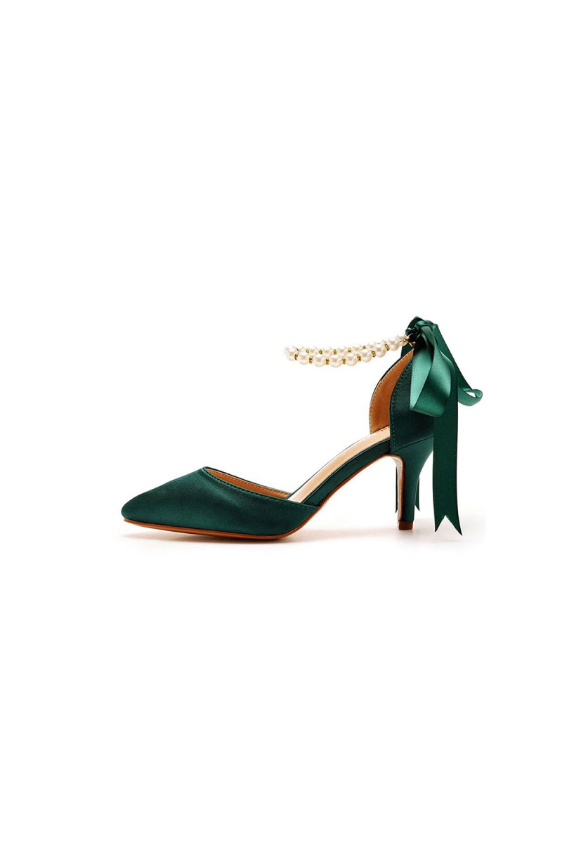 Satin Pearl Ribbon Tie Pointed Toe Ankle Strap High Heels
