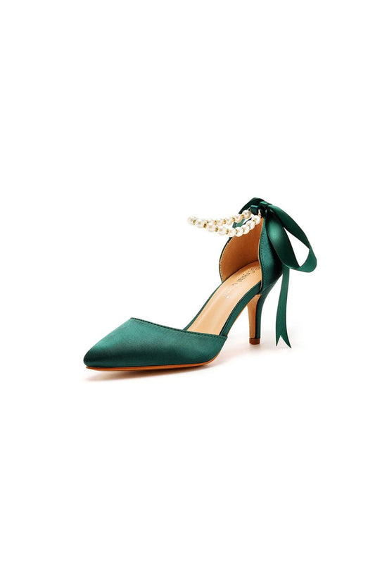 Satin Pearl Ribbon Tie Pointed Toe Ankle Strap High Heels