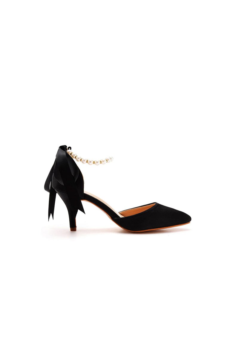 Satin Pearl Ribbon Tie Pointed Toe Ankle Strap High Heels