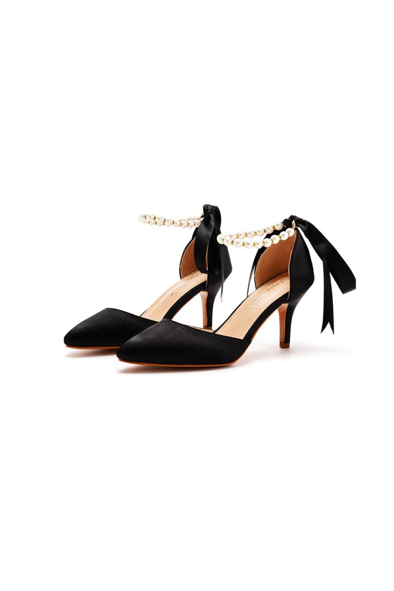 Satin Pearl Ribbon Tie Pointed Toe Ankle Strap High Heels