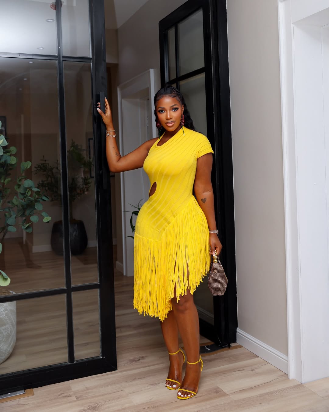 Yellow Lace-Up Fringe Midi Dress
