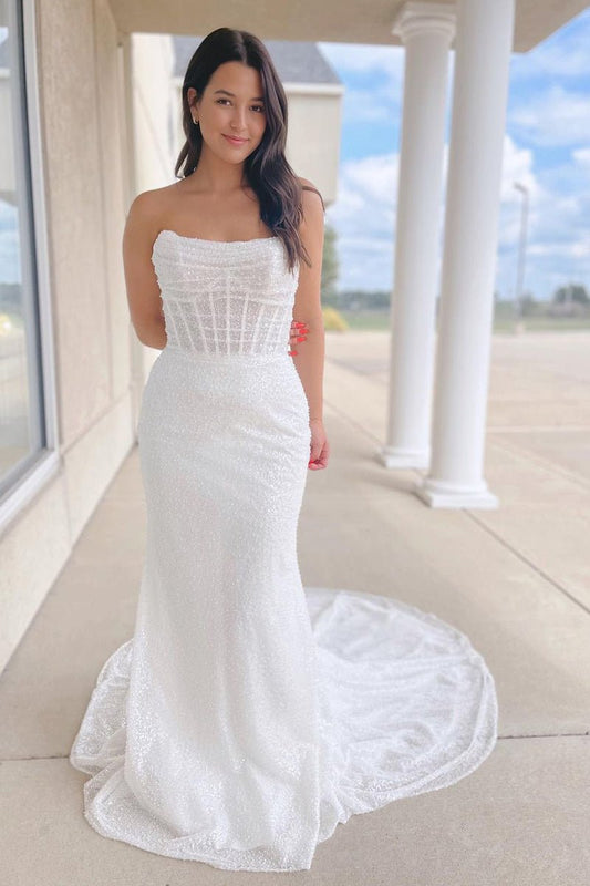 Sparkly White Sequins Mermaid Strapless Wedding Dresses
