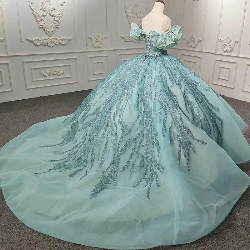 Quinceanera Dress Stylish Off-the-shoulder Party Dresses Crystal Beading Ball Gown