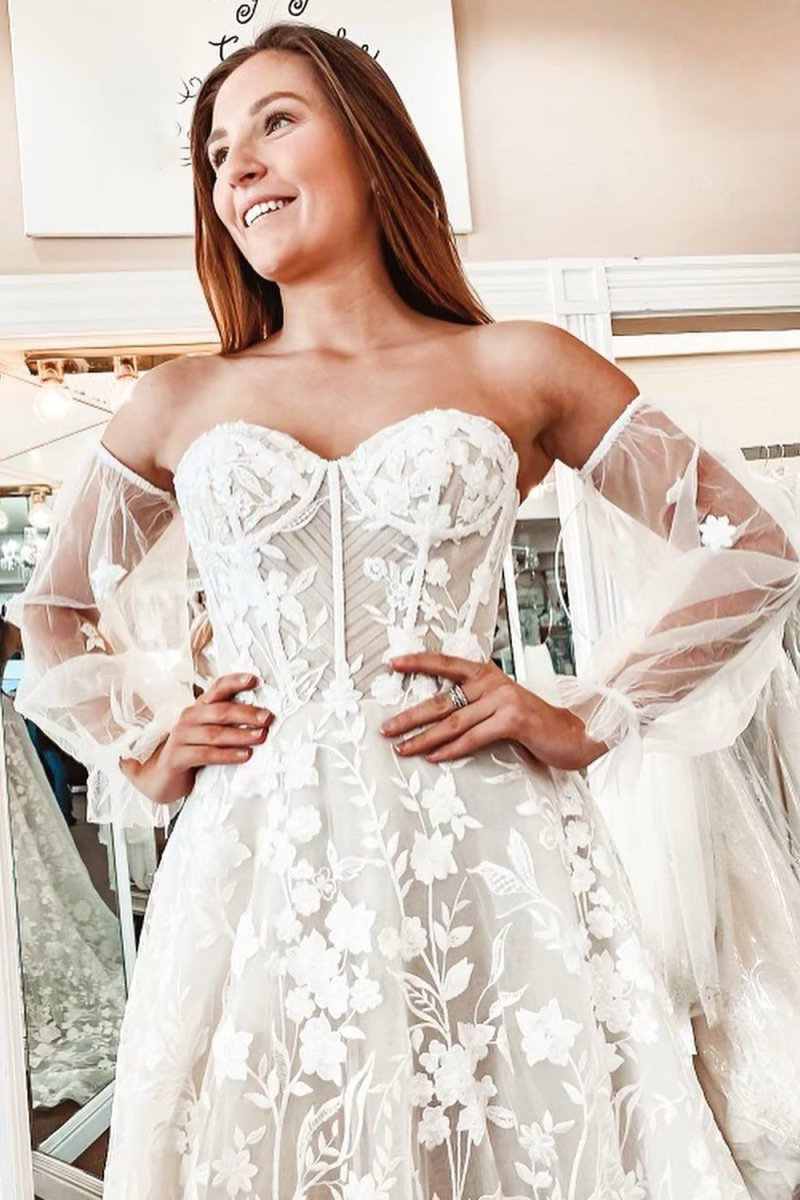 Ivory Lace A-Line Detachable Long Sleeves Corset Long Wedding Dress