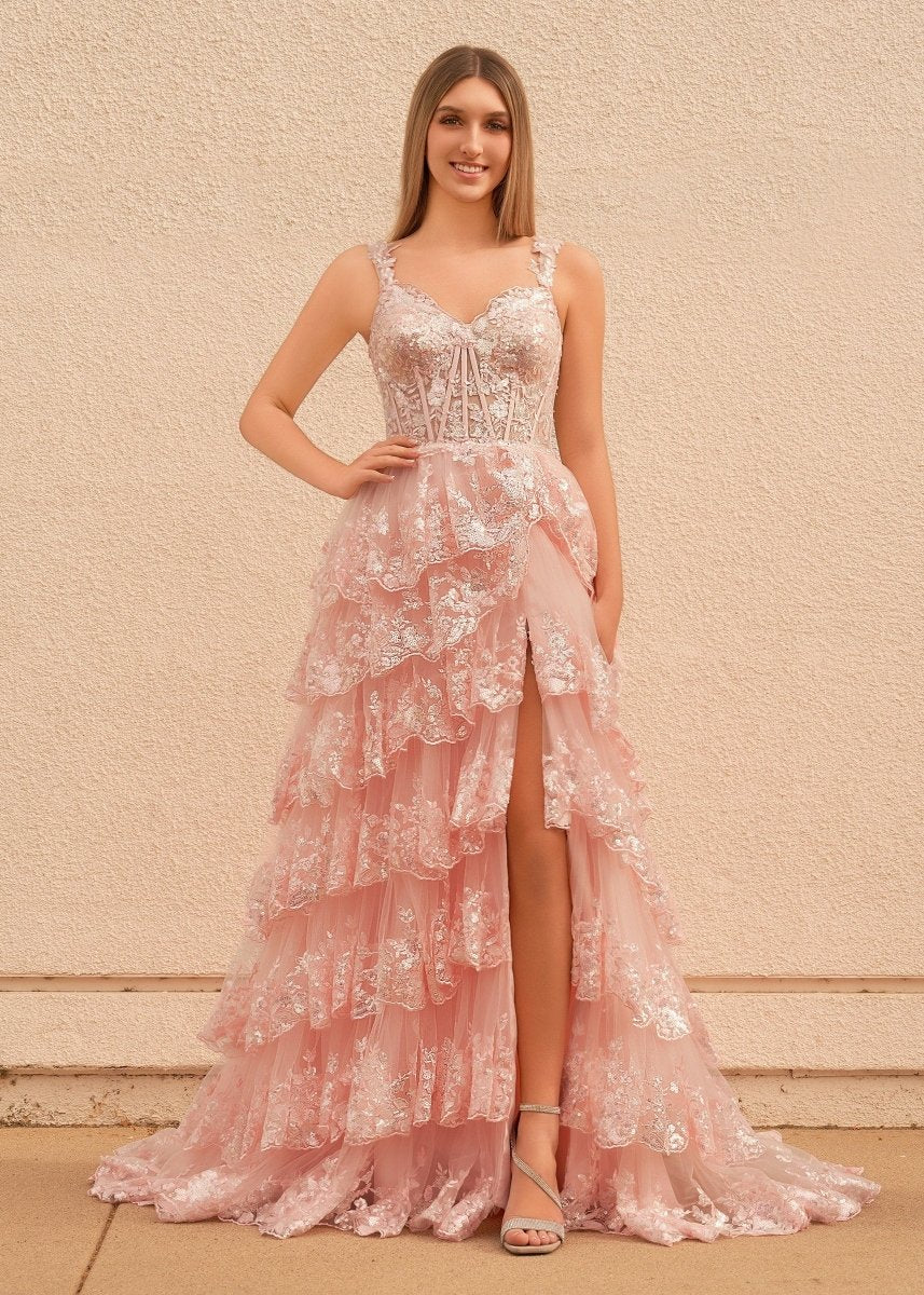Pink Princess A Line Spaghetti Straps Corset Prom Dress with Lace Ruffles