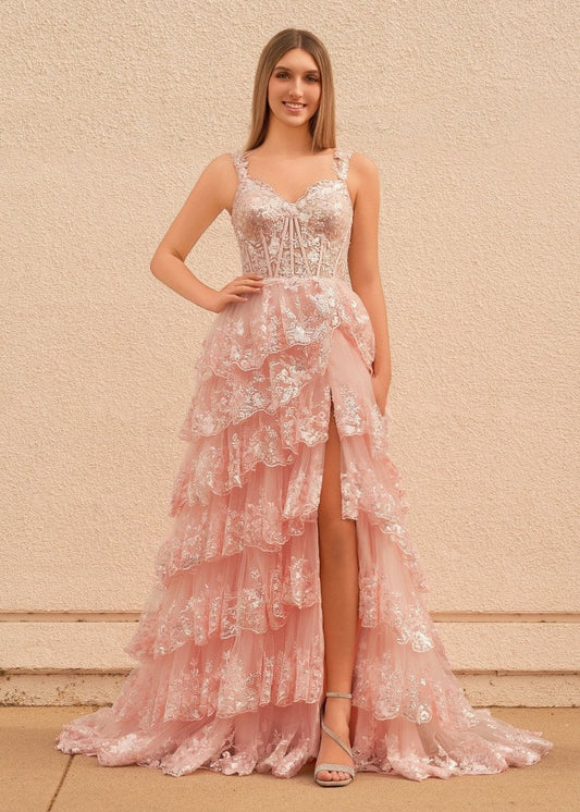 Pink Princess A Line Spaghetti Straps Corset Prom Dress with Lace Ruffles