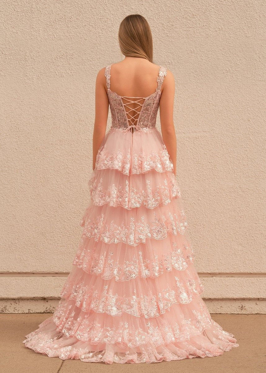 Pink Princess A Line Spaghetti Straps Corset Prom Dress with Lace Ruffles