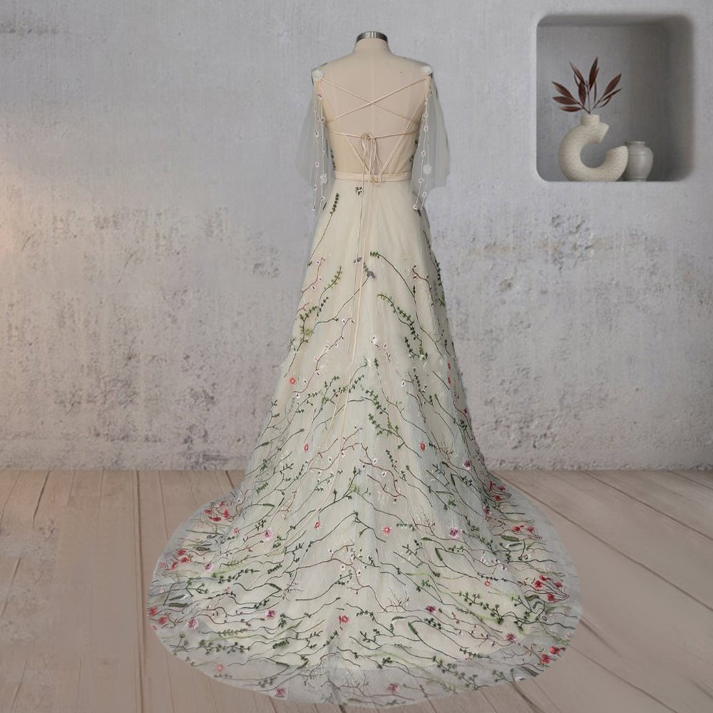 A-Line V Neck Sleeveless Floral Enchantment Boho Wedding Dress