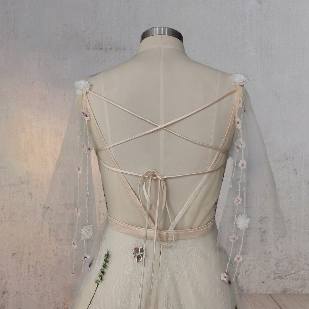 A-Line V Neck Sleeveless Floral Enchantment Boho Wedding Dress
