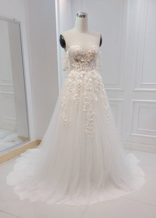 A-line White Off the Shoulder Wedding Dress With Flower Embroidery