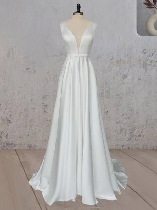 A-Line White Satin Elegant V Neck Wedding Dress