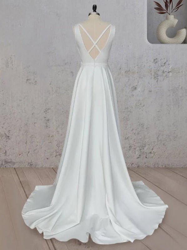 A-Line White Satin Elegant V Neck Wedding Dress